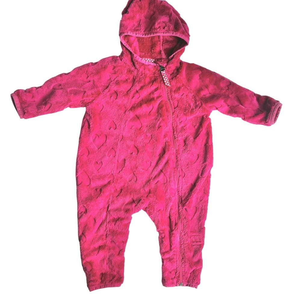REI Baby Fleece 6mo Fuzzy One Piece Hooded Snow Suit Zip Up Winter Pink Girls